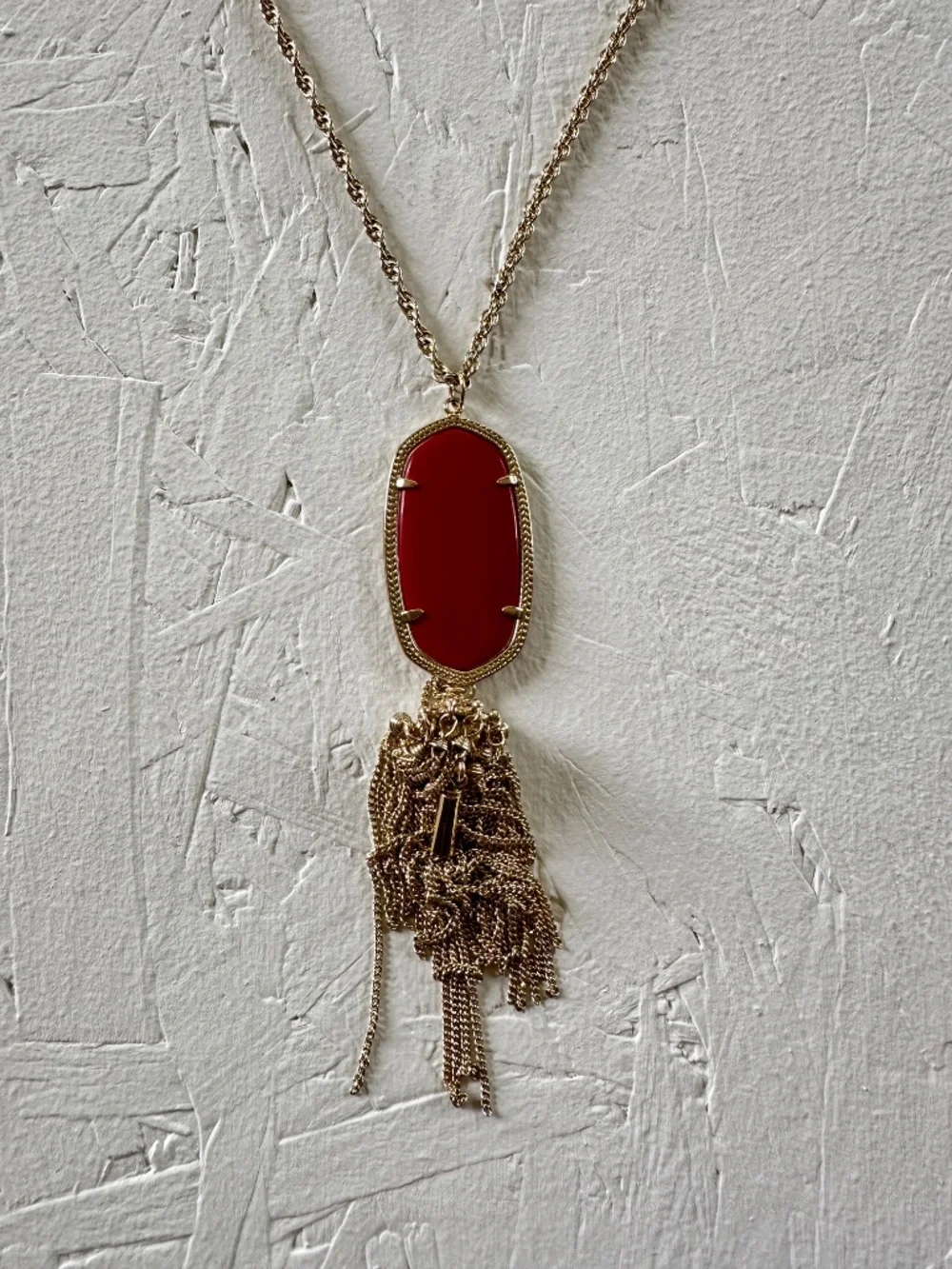 Kendra Scott Rayne Tassel Bright Red Pendant Gold Tone Long Necklace